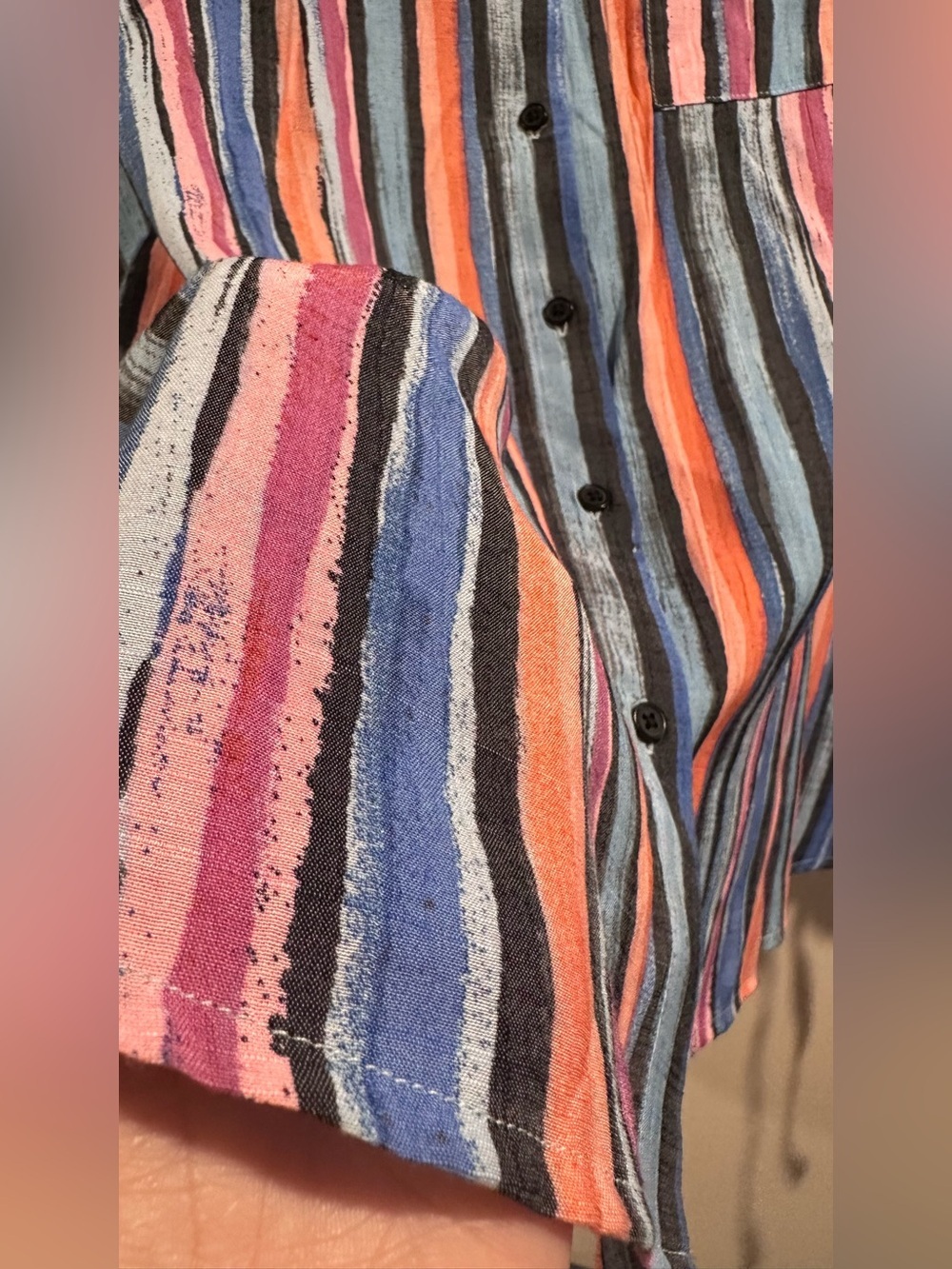 Daily Thread Multicolor Striped Button Down Top Ruched Tie Sleeves Rayon Blend L - Picture 9 of 14